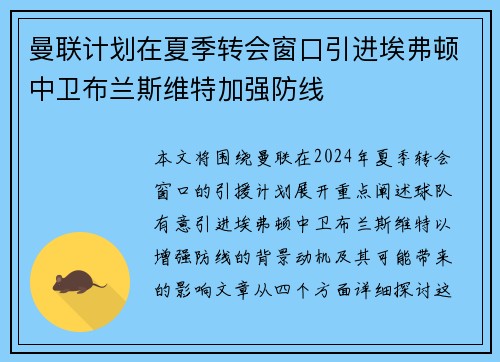 曼联计划在夏季转会窗口引进埃弗顿中卫布兰斯维特加强防线