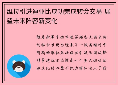 维拉引进迪亚比成功完成转会交易 展望未来阵容新变化